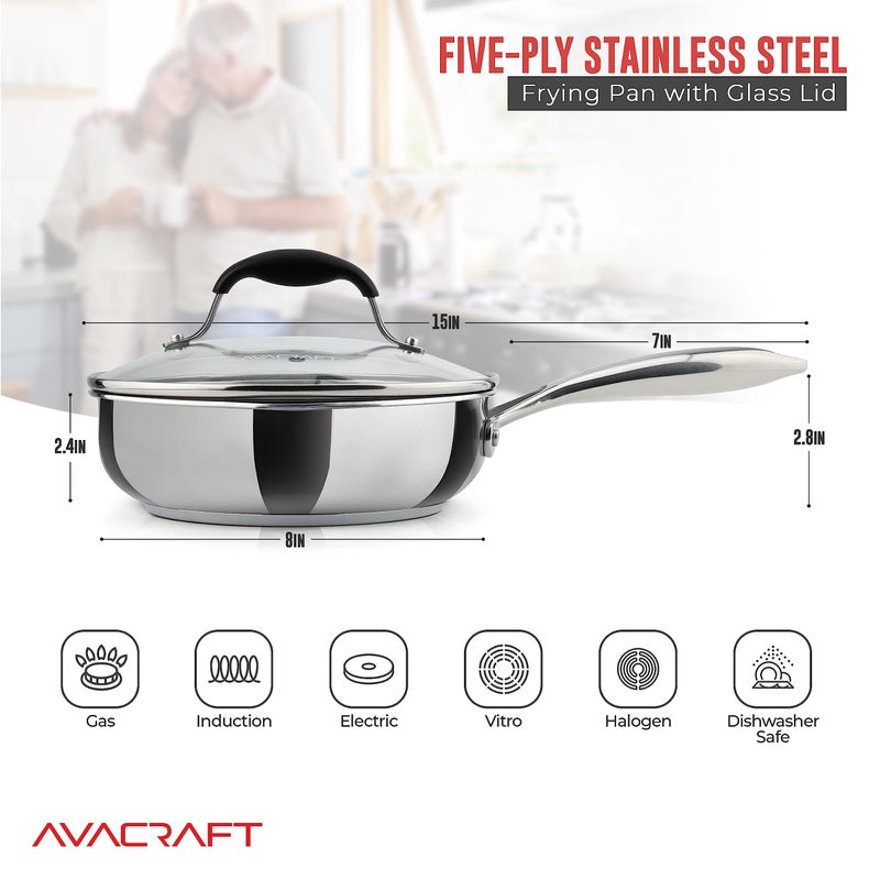 AVACRAFT 18/10 8 Inch Stainless Steel Frying Pan with Lid, Side Spouts, Induction Pan, Versatile Stainless Steel Skillet, Fry Pan in our Pots and Pans (Stainless Steel, 8 Inch) - Image 2